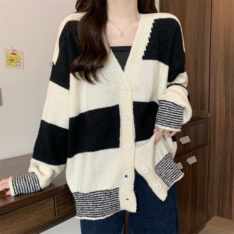 Áo Khoác Len Cardigan Mềm Mại Dáng Rộng Họa Tiết Kẻ Sọc Thời Trang Mùa Thu Cho Nữ