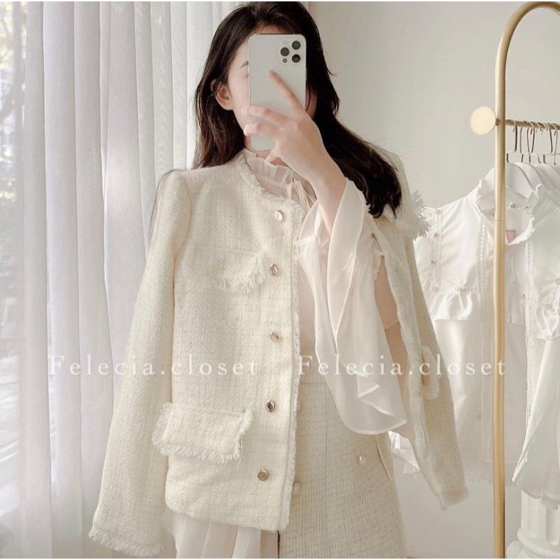 Set dạ tweed 3 món kèm áo sơ mi voan tơ sang chảnh tiểu thư