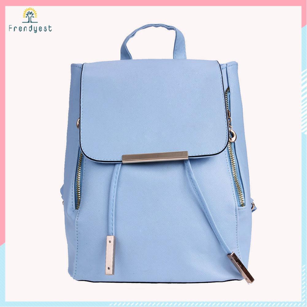 Preppy Style Women Pure Color PU Backpack Casual Ladies Drawstring Knapsack