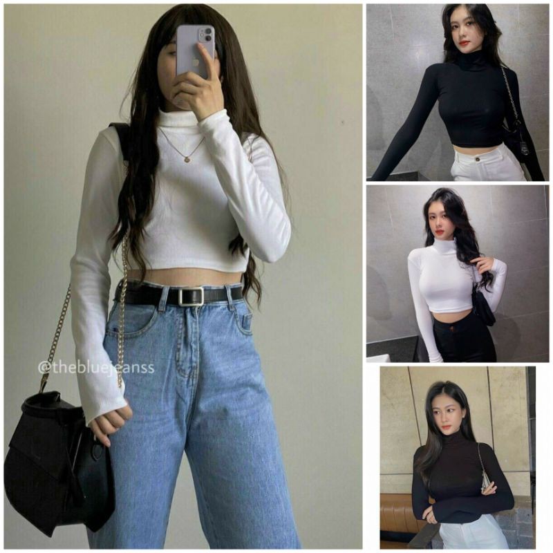 Áo Thun Croptop Nữ Cao Cấp Cổ Lọ Tay Dài