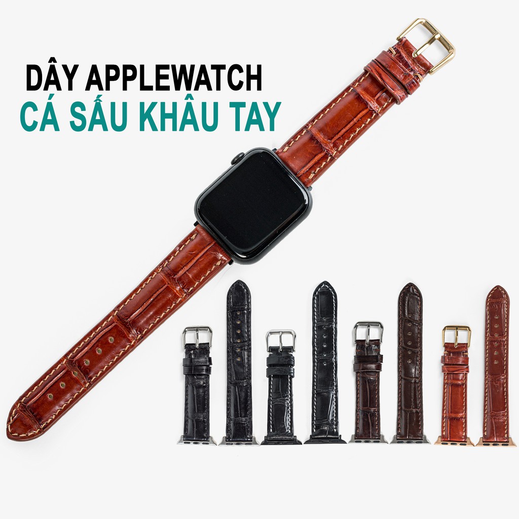 Dây đeo apple watch da cá sấu đốt tre-khâu tay thủ công D108- dây apple watch series 3 series 4 series 5-Bụi leather