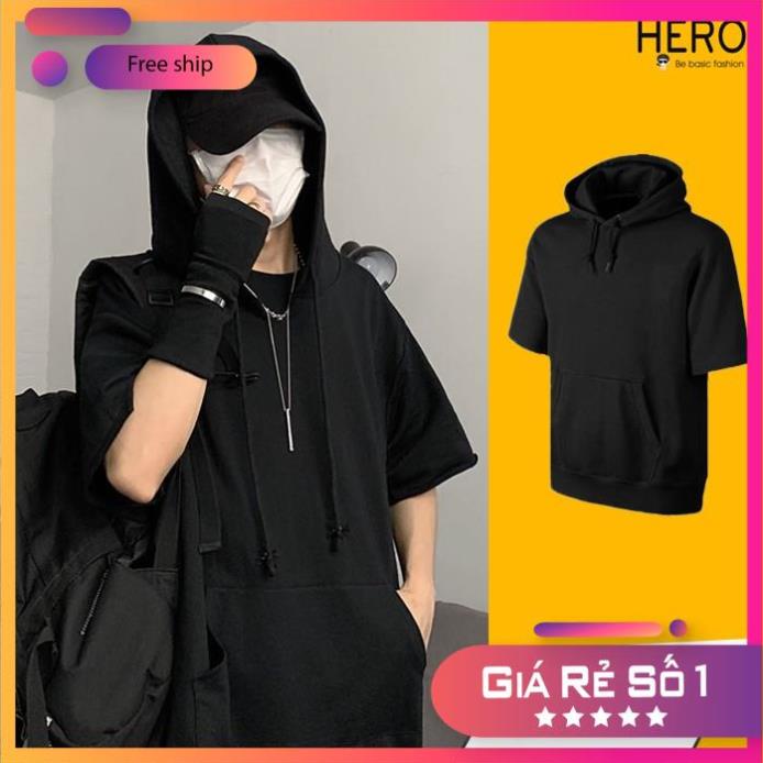HÀNG CHUẨN L1 - Áo Thun Hoodie Tay Ngắn Có Mũ Form Rộng Outfit Unisex Phong Cách Năng Năng Động Cotton