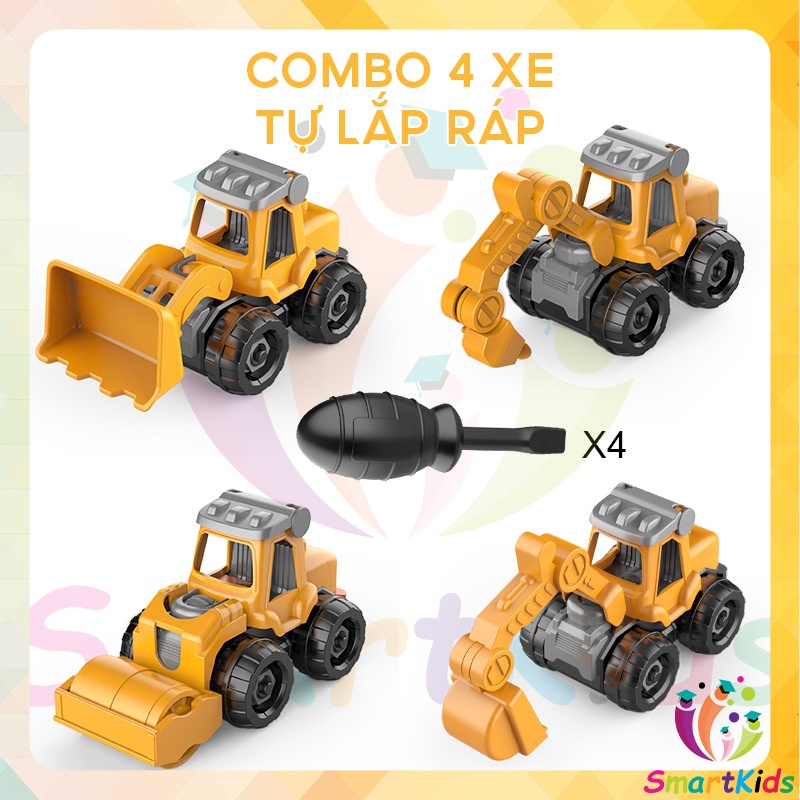 Combo 4 xe đồ chơi tự lắp ráp cho bé phát triển kỹ năng tư duy
