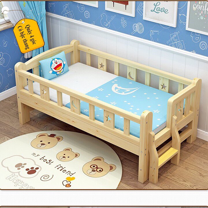 Giường trẻ em gỗ thông quây 3 mặt có cầu thang, 4 mặt cho trẻ từ 1-10 tuổi- PAULO STORE