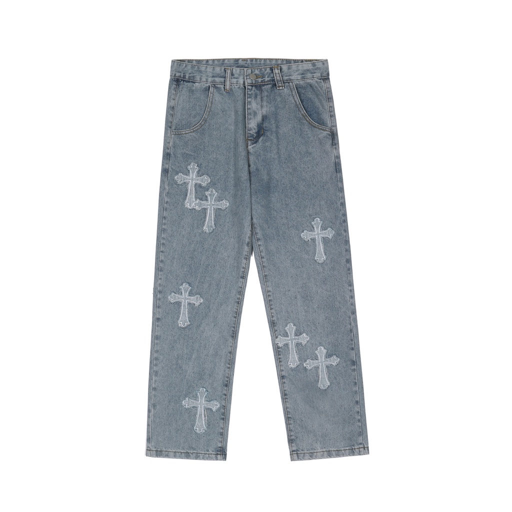 ♞AFF LIGA♞ Quần jean ống rộng thêu họa tiết phong cách hiphop thời trang đường phố năng động