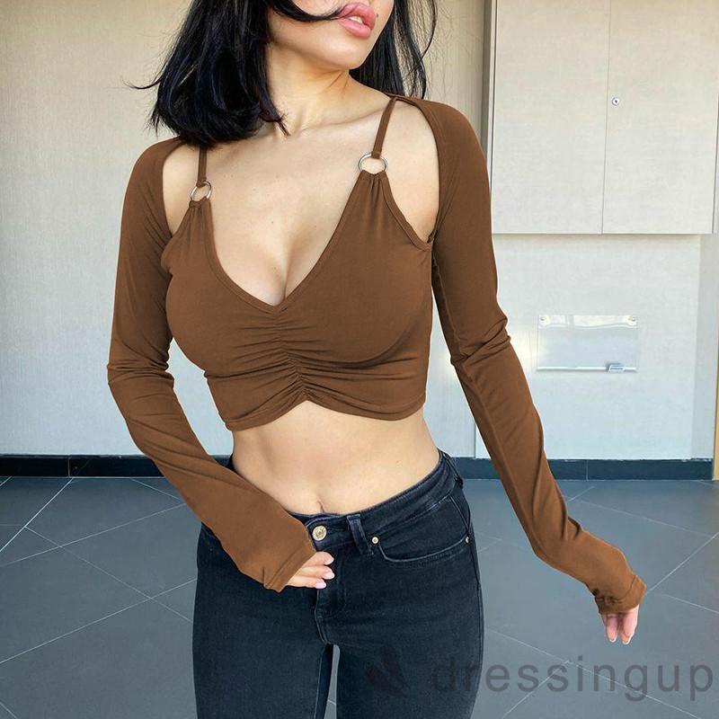 Áo Sơ Mi Tay Dài Cổ Chữ V Màu Sắc Trơn Thời Trang Mùa Hè Dành Cho Nữ