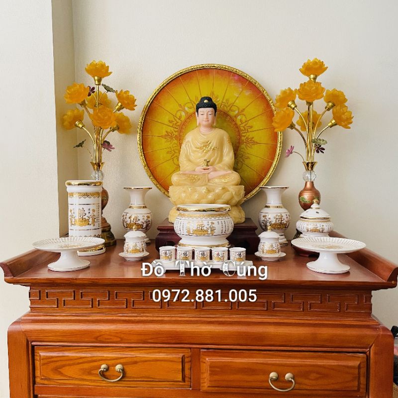 Bộ bát hương thờ phật men trắng chữ vàng kim cao cấp