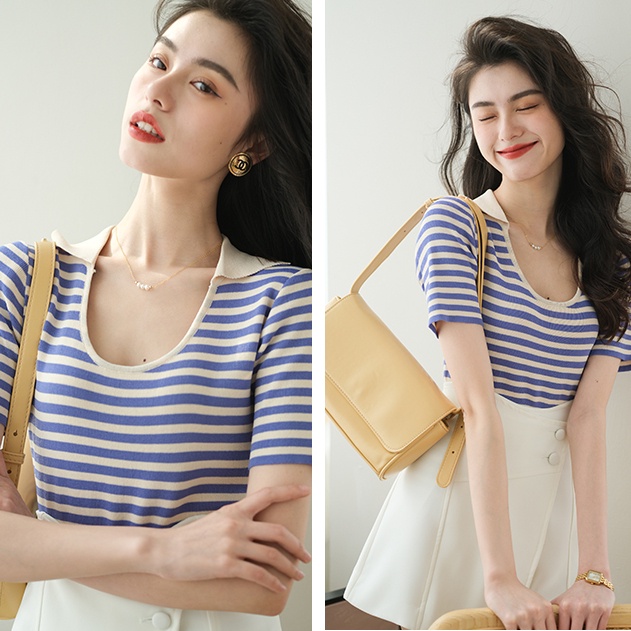 SUXI Áo Thun Ngắn Tay Cổ V Họa Tiết Sọc Ngang Đơn Giản Dễ Phối Đồ Cho Nữ