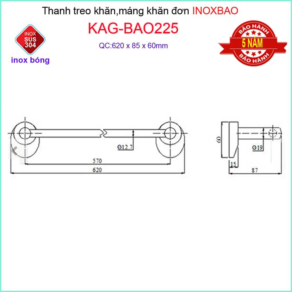 Thanh treo khăn inox Bảo KAG-BAO225, vắt khăn nhà tắm SUS304 sáng bóng cao cấp siêu bền tiện dụng