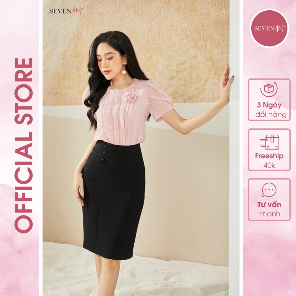 Áo sơ mi chui tay cộc chiffon hồng cổ tròn Seven.AM FH103054N