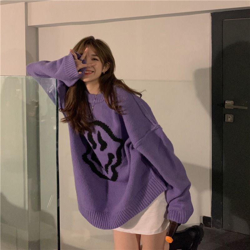 Áo Sweater dệt kim dày dặn dáng rộng màu tím phong cách Pháp thời trang thu đông 2021 cho nữ