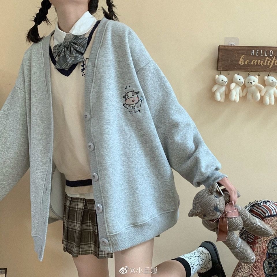 Áo khoác cardigan dáng rộng có túi phối nút dễ thương thời trang thu đông