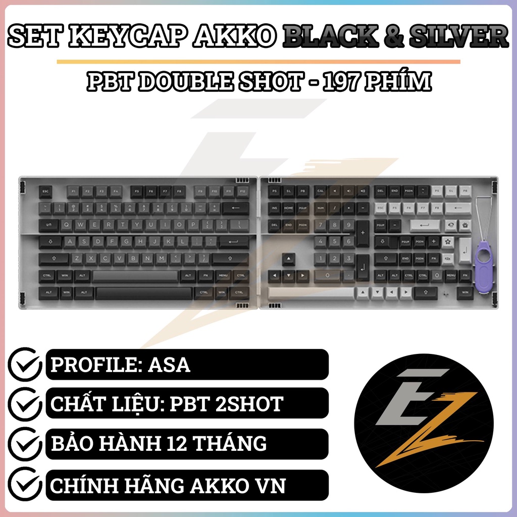 Keycap Cho Bàn Phím Cơ Akko Set – Black &amp; Silver (PBT Double-Shot/ASA profile/197 nút) | Ezpc