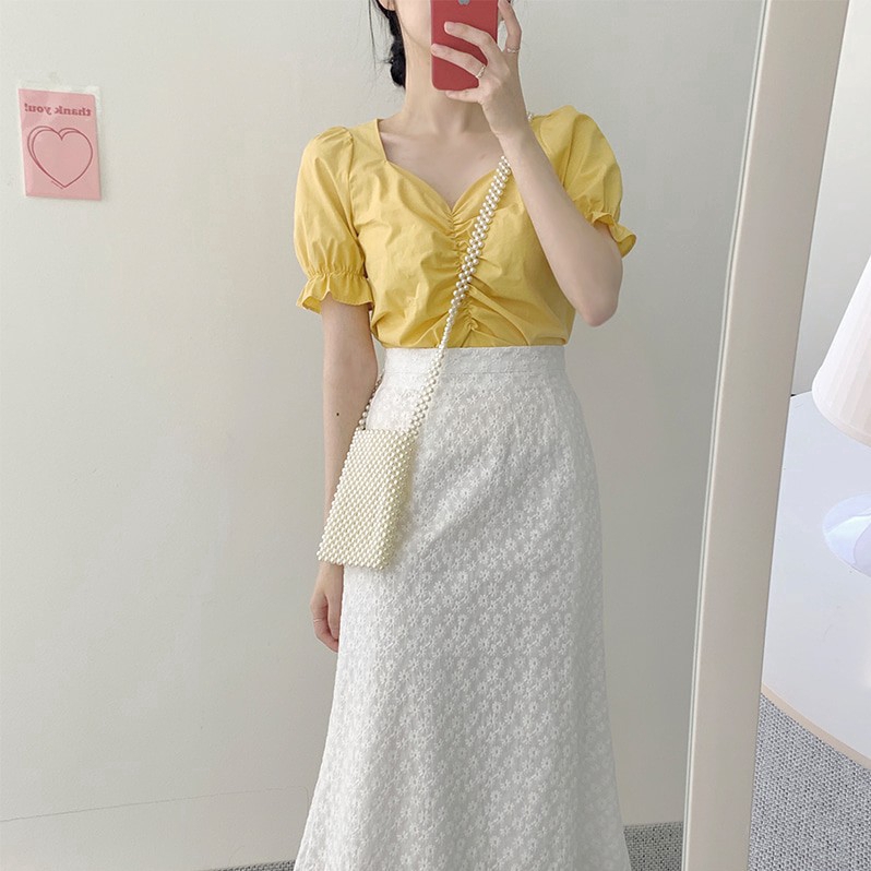 Áo SUXI tay phồng ngắn cổ chữ V xếp ly màu trơn phong cách Hàn Quốc thời trang