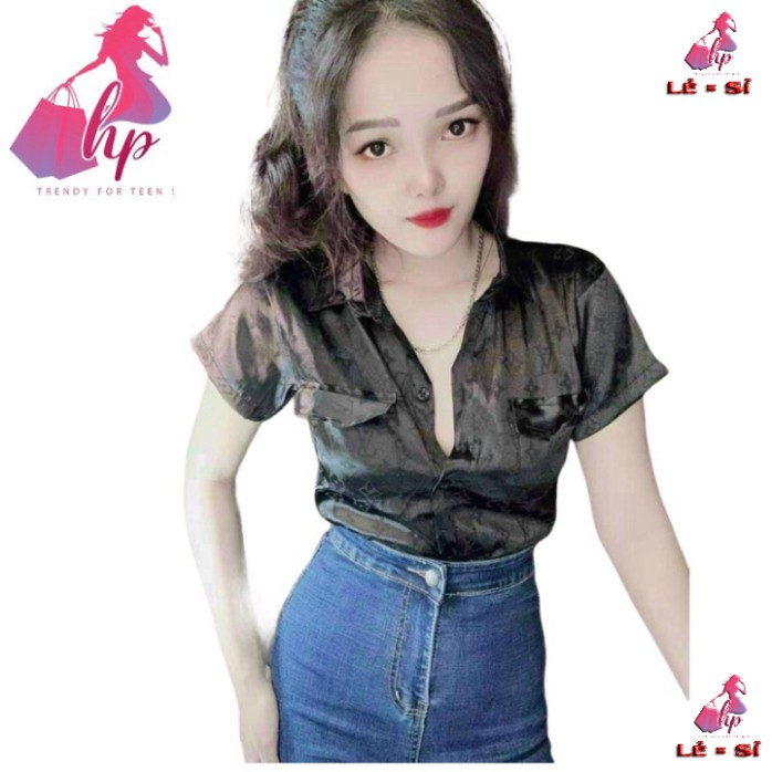 Áo sơ mi nữ voan lụa bóng dày mịn dập nổi logo trendy mẫu 2021 - mới