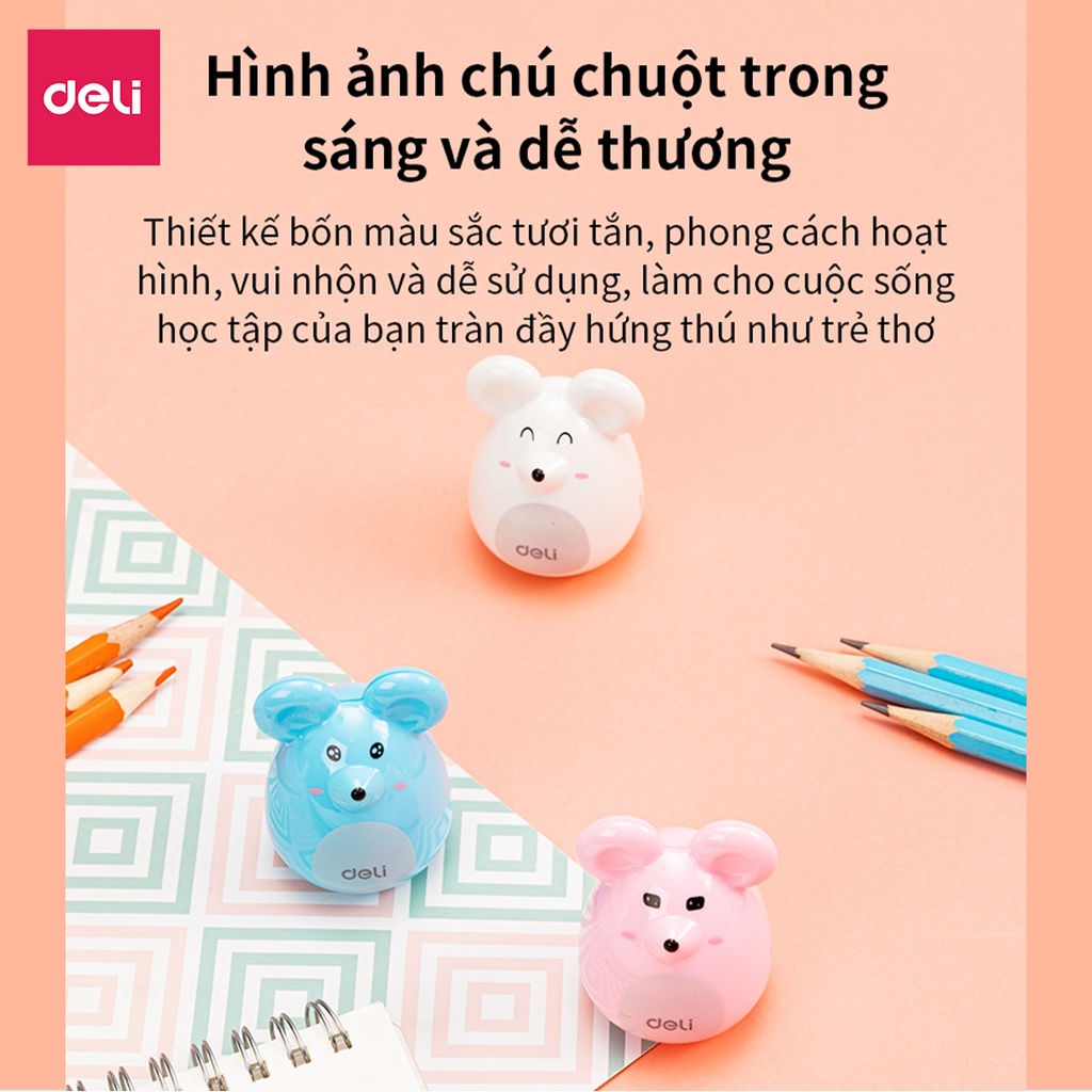 [Mã LIFEDELI20K5 giảm 20K đơn 0Đ] Gọt chì mini Deli - Hình chú chuột - Trắng/Xanh dương/Hồng - 1 chiếc - 569