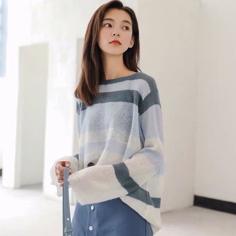 Áo Sweater Tay Dài Cổ Tròn Họa Tiết Kẻ Sọc Phong Cách Hàn Quốc