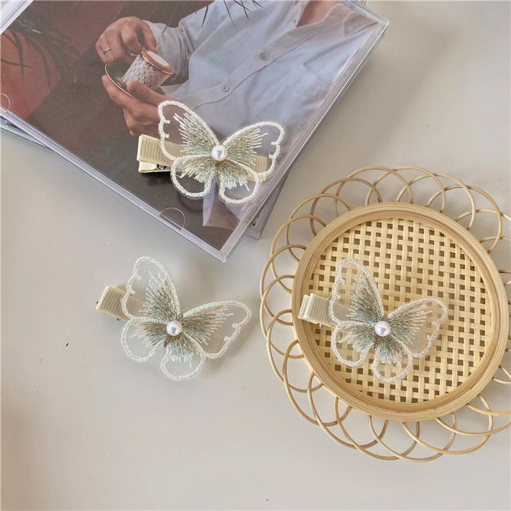 MVP2414 Kẹp Tóc Hình Bướm Thêu Đính Hạt Cườm - Kẹp Tóc Vải Thêu Phong Cách Retro Ngọt Ngào