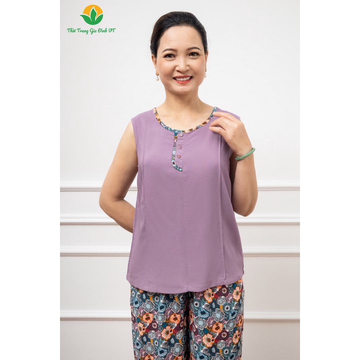 Bộ lanh Việt Thắng quần lửng áo sát nách trung niên phối áo trơn quần họa tiết B05.2208