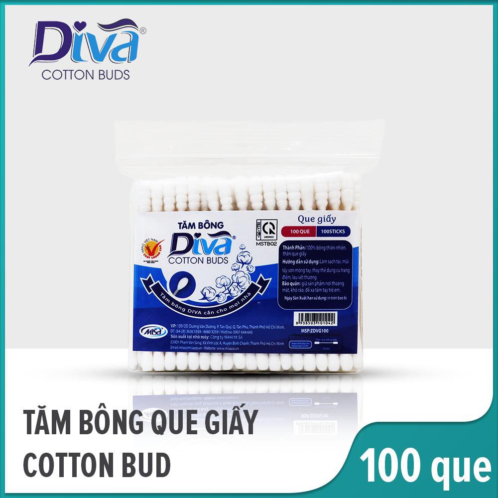Tăm bông thân giấy kháng khuẩn Diva gói 100 cây