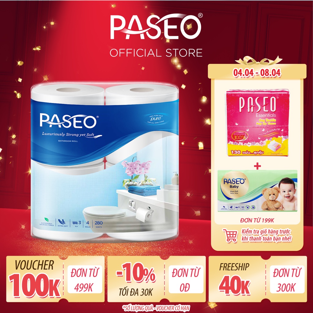 [Mã LTBAUAB8 giảm 7% đơn 99K] Giấy vệ sinh cao cấp Paseo dai, mềm mịn trơn/in hoa (4 cuộn 3 lớp)/lốc