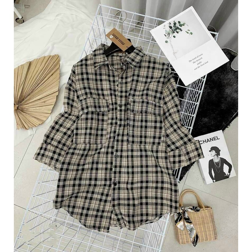 Áo Sơ Mi Sọc Caro Dài Tay Phối Hai Túi Dễ Thương  TTSLA654