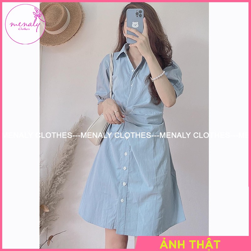Váy sơ mi thắt eo tay bồng VH056, mẫu váy nhún eo sơ mi dáng ngắn ôm dáng thanh lịch nhẹ nhàng, 3 màu | BigBuy360 - bigbuy360.vn
