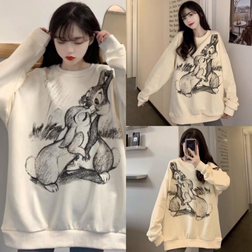 Áo Sweater Nỉ Hình Đôi Thỏ dưới 68kg - In Hình Cute 2 Màu G041