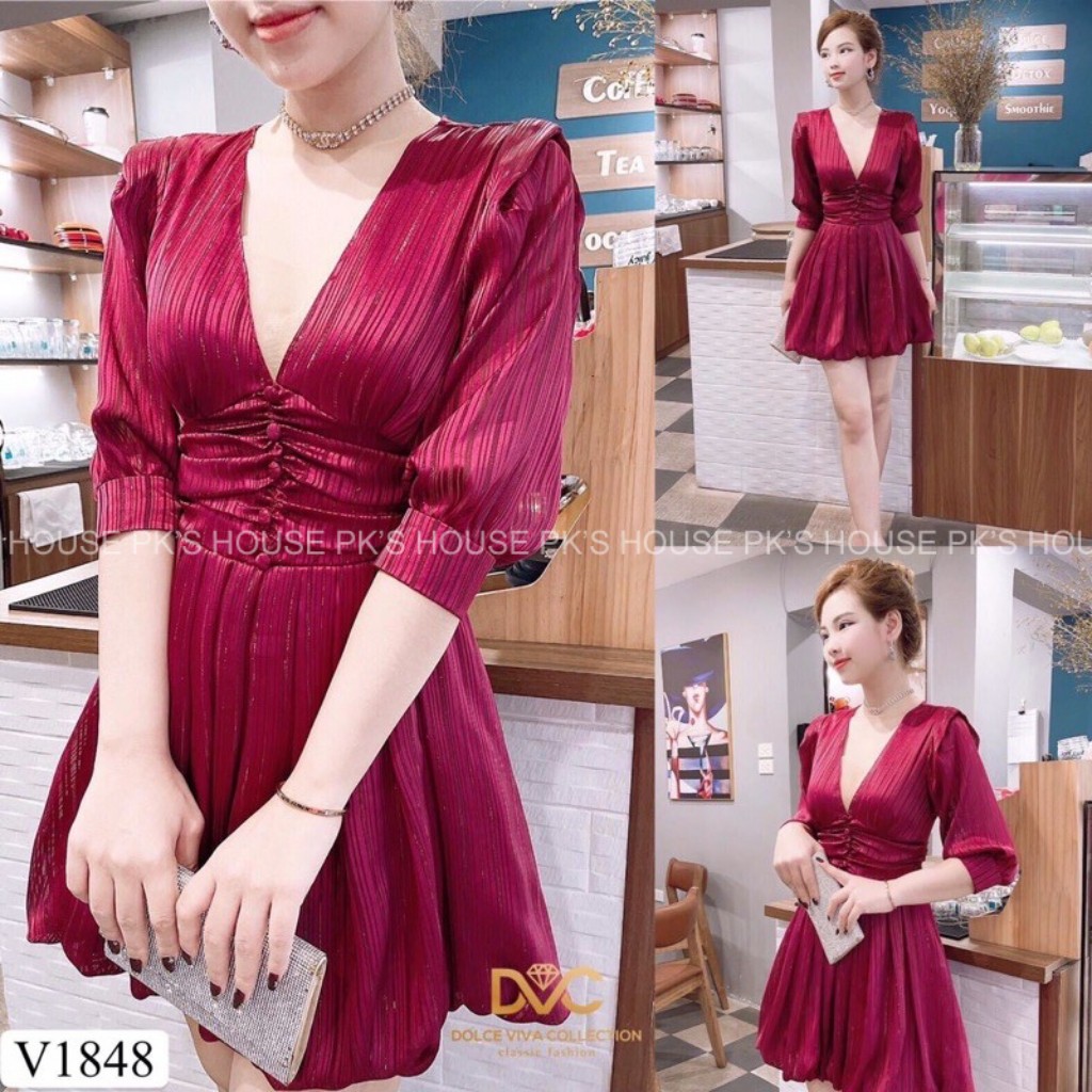 Váy Thiết Kế Dáng Xoè Ngắn Tay Lỡ Cổ V V1848, Đầm Thiết Kế Cao Cấp - PK Official | BigBuy360 - bigbuy360.vn