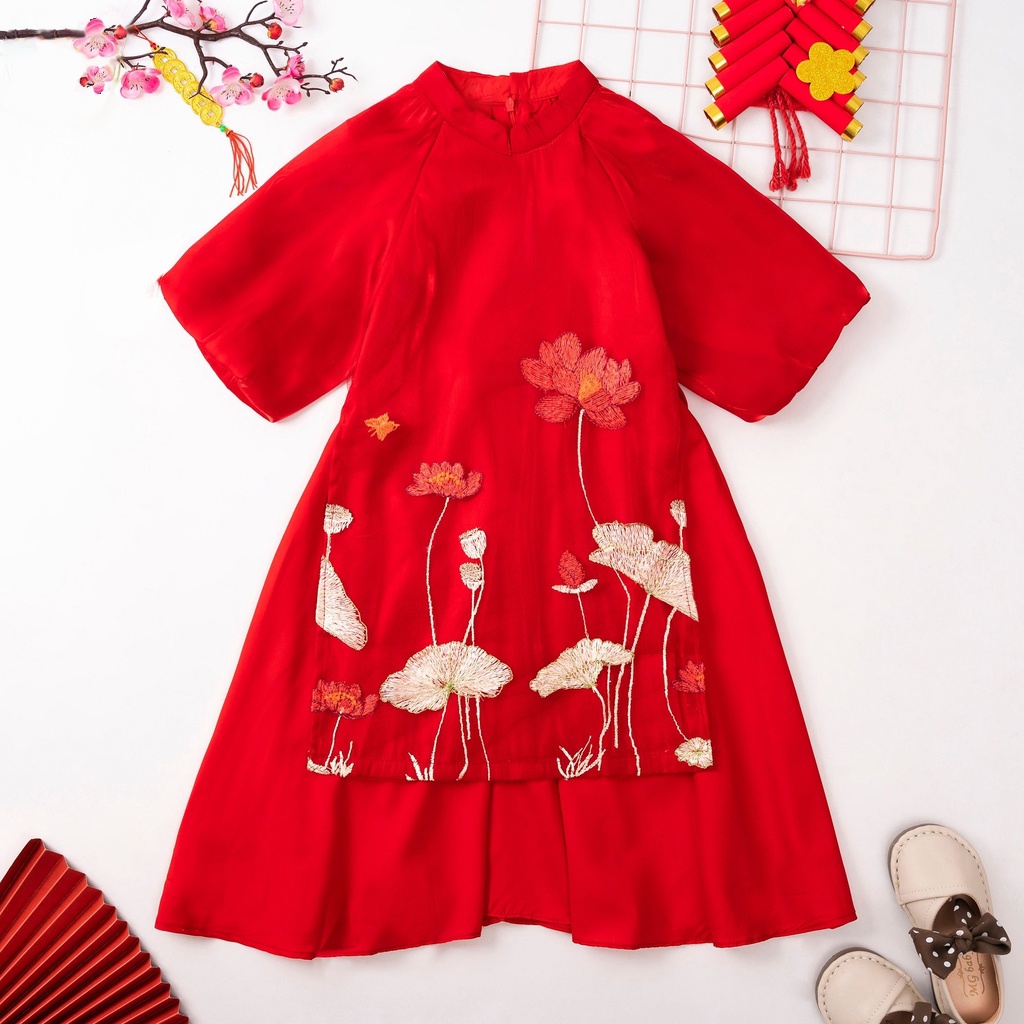 Sét áo dài cách tân cho bé gái thêu hoa sen cho trẻ em ful size 2-9 tuổi