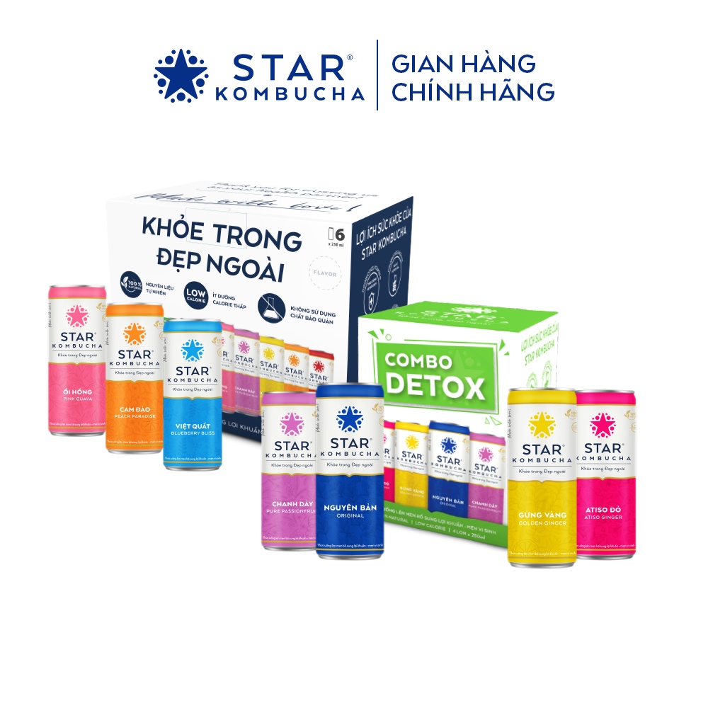 Combo 1 thùng 6 lon trà STAR KOMBUCHA mix vị + 1 Combo 4 lon trà STAR KOMBUCHA Detox Pack (250ml/lon)