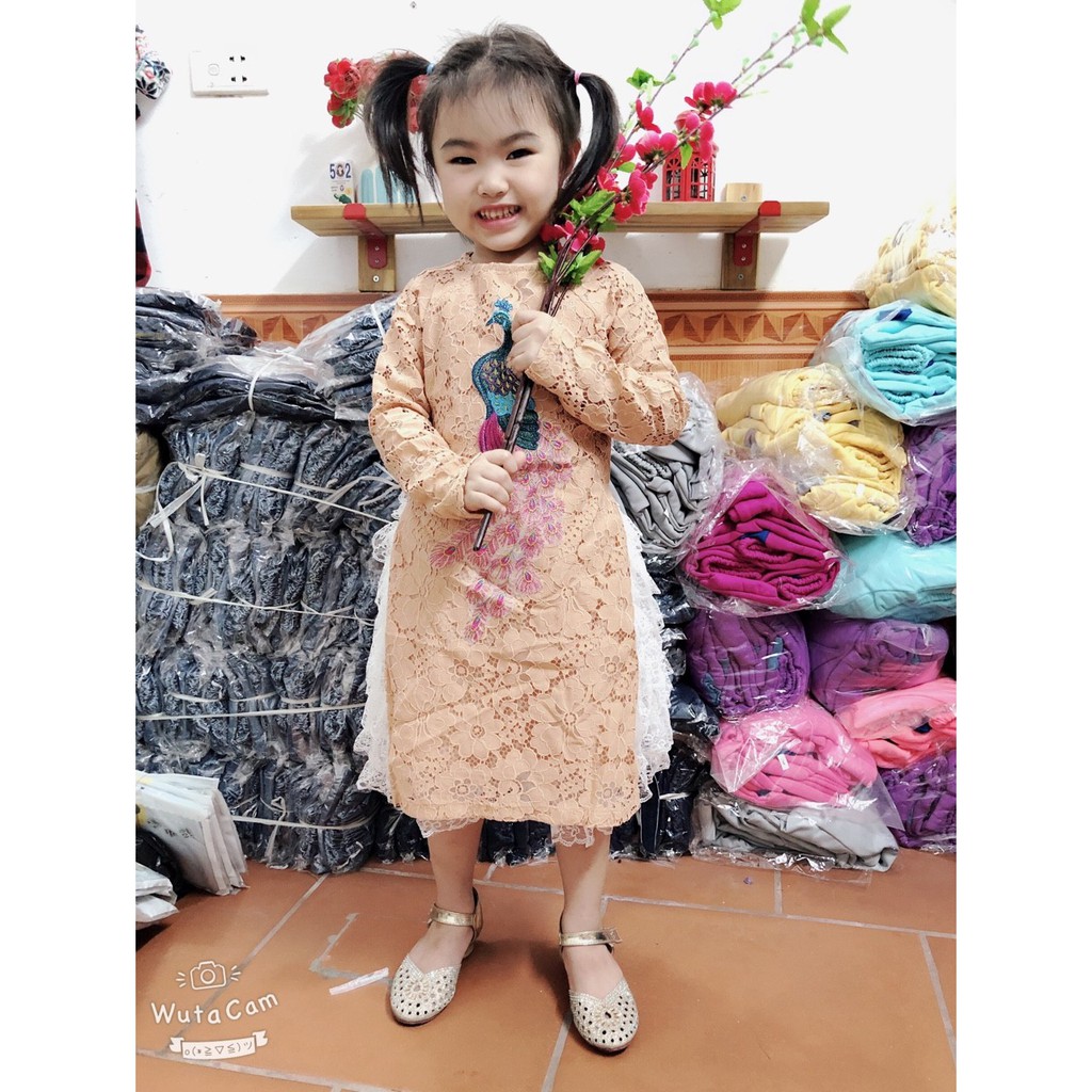 áo dài mặc đám cưới ren công màu null siêu sang cho bé gái 11-25kg - Sỉ