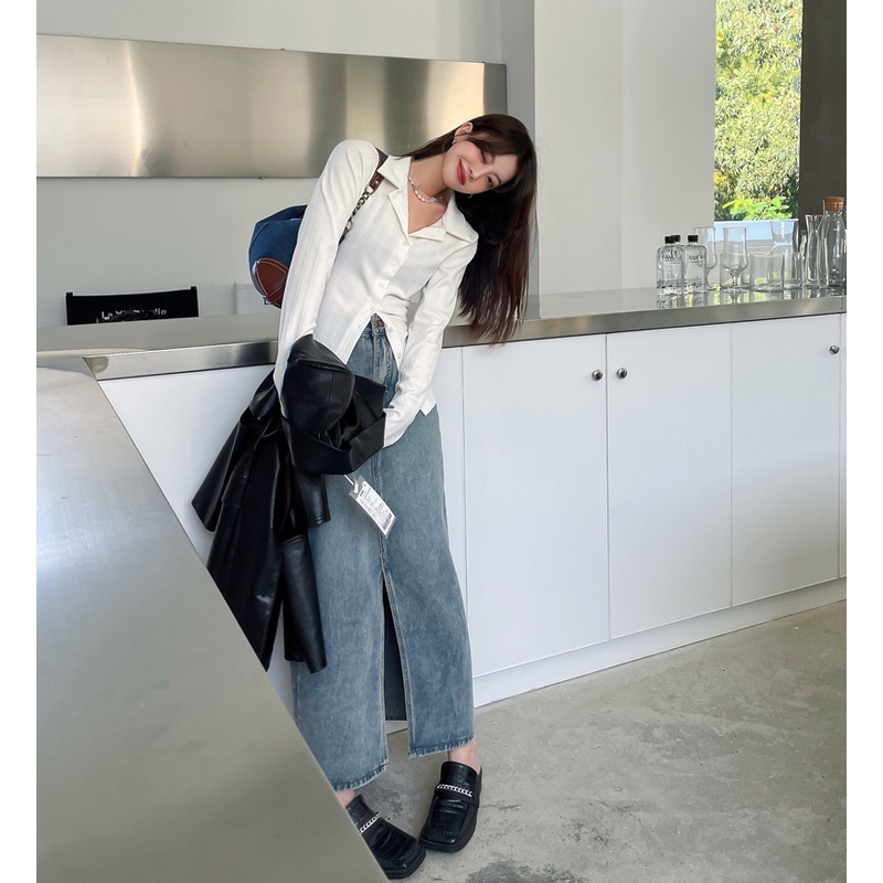 Cocory vn Áo sơ mi tay dài màu trơn dễ phối đồ thời trang sành điệu cho nữ