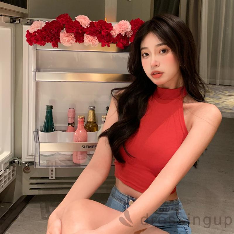 Áo Croptop Không Tay Màu Trơn Dáng Ôm Cột Nơ Sau Lưng Cho Nữ