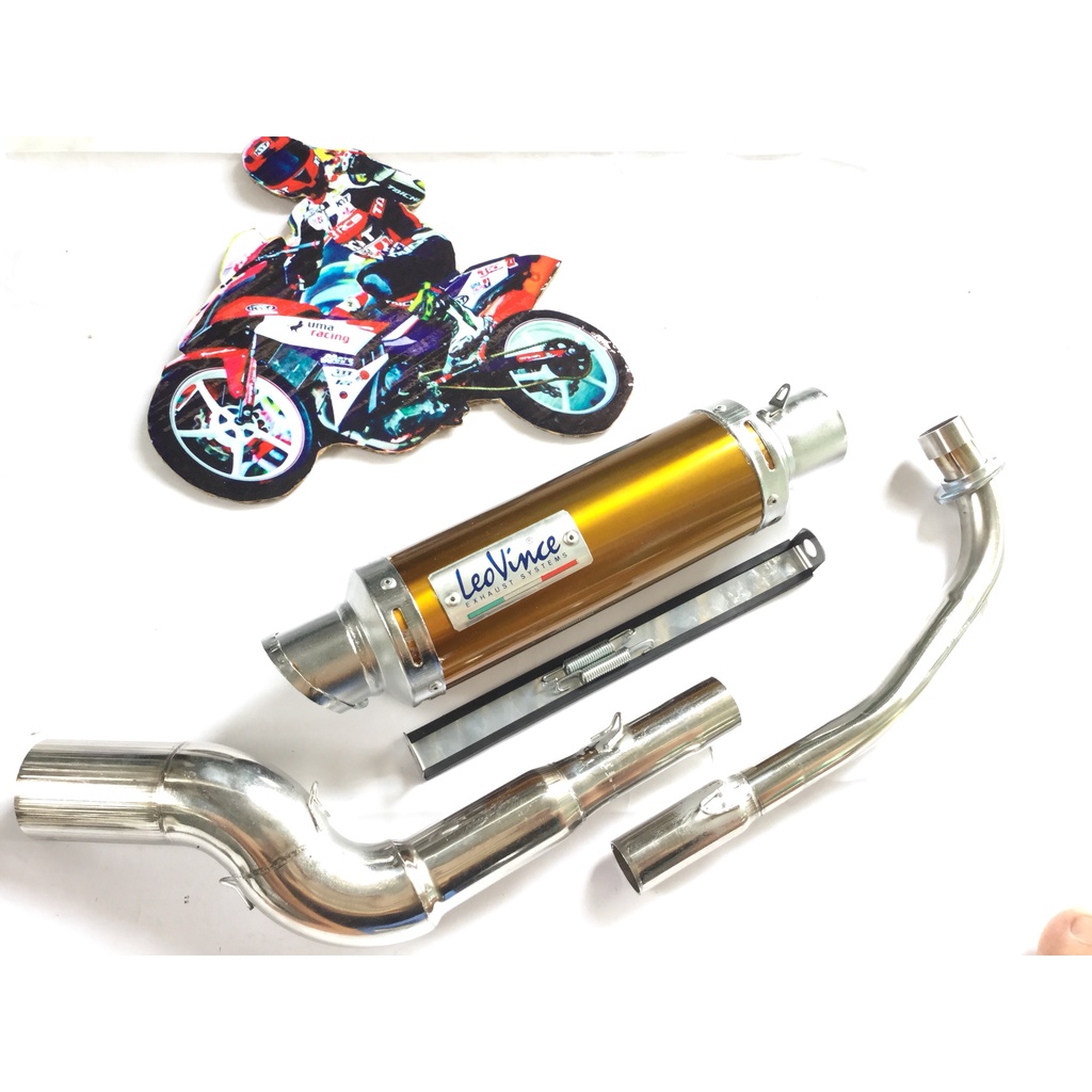 Bộ pô leovince VÀNG full cổ cong 2 KHÚC INOX 304 WAVE, SI, CUP, DREAM, EXCITER, WINER, SONIC, RAIDER FI, SATRIA, GSX