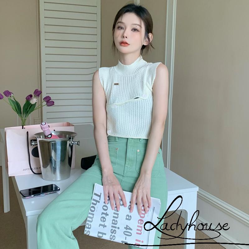Áo Croptop Dệt Kim Không Tay Cổ Cao Phối Nút Thời Trang Mùa Hè Cho Nữ