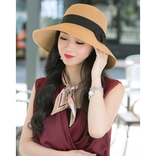 Nón đi biển rộng vành chống nắng mũ cói nữ đẹp Nơ trái tim