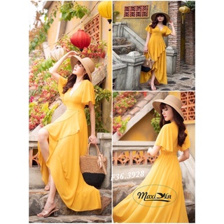 [Video hình thật 100%] Đầm maxi vàng tay cánh tiên chân bèo mullet eo đai nhọn F36.3928 MAXI YẾN