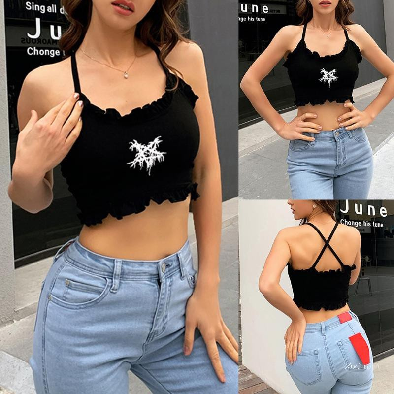 Áo hai dây croptop họa tiết hình ngôi sao viền nhún bèo phong cách Harajuku thời trang quyến rũ cho nữ