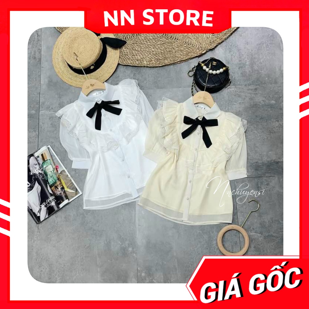Áo kiểu công sở nữ phối nơ dún bèo tay phồng chất vải mềm mịn dễ thương TP112