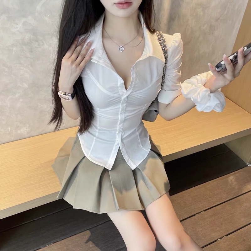 SET ÁO SƠ MI TRẮNG ÔM BODY MIX CHÂN VÁY TENNIS PHONG CÁCH SANG CHẢNH CHIC GIRL