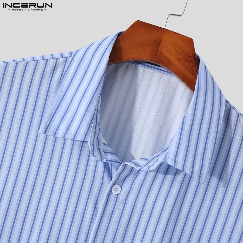 Áo sơ mi INCERUN cổ bẻ tay ngắn dáng rộng họa tiết kẻ sọc thời trang mùa hè cho nam