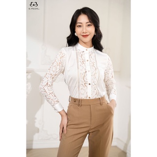 Áo sơ mi nữ thiết kế cổ tàu s.pearl chất lụa phối ren màu trắng 21sf6898235