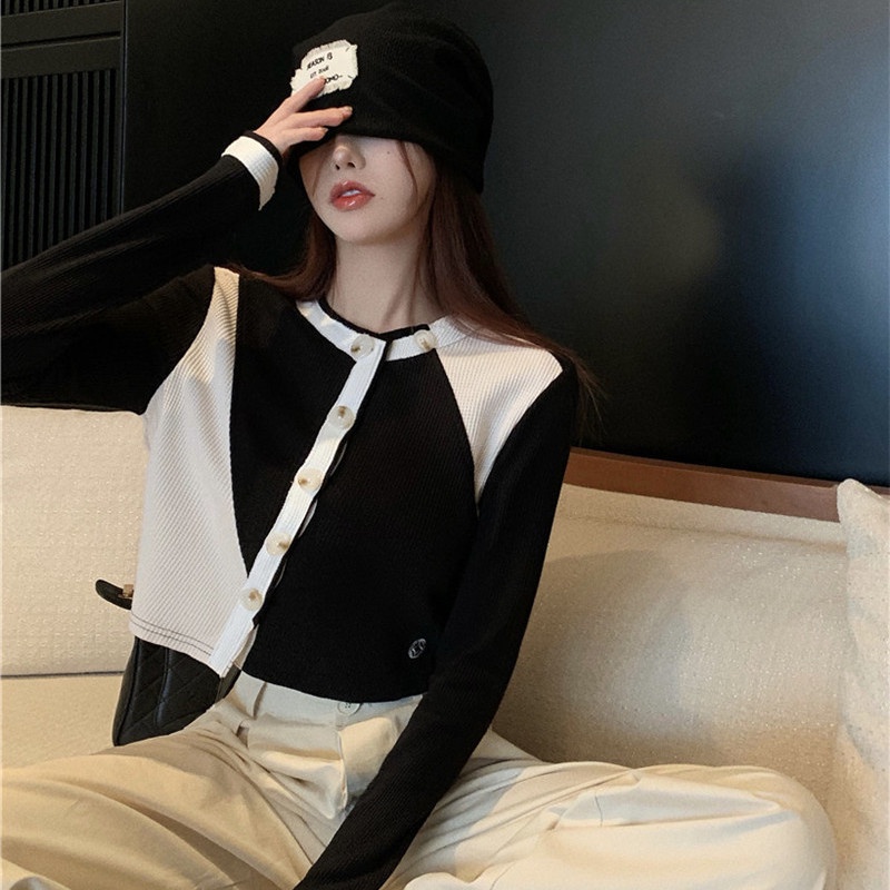 Áo Sweater Dệt Kim Tay Dài Cổ Tròn Màu Sắc Tương Phản Thời Trang Cho Nữ  tao bao