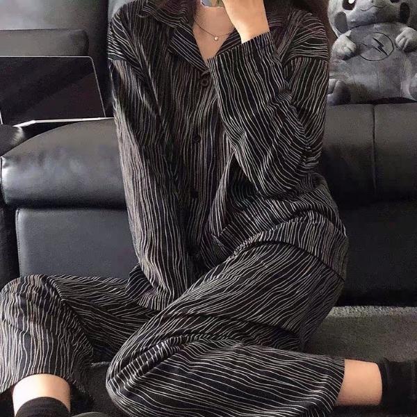 Bộ đồ nữ Pijama lụa dài tay quần dài kẻ sọc xám đen mặc ở nhà mùa đông cao cấp chất dày phong cách Hàn Quốc-BND15