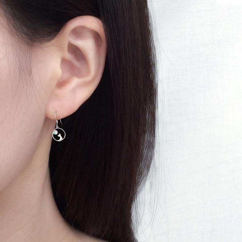 (0175) Khuyên Tai Tròn Hình Mèo Đính Kim Cương Đơn Giản Dễ Thương