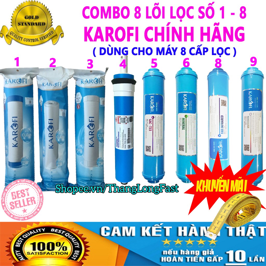 COMBO 8 LÕI LỌC NƯỚC KAROFI CHÍNH HÃNG - GỒM BỘ LÕI 123, MÀNG RO, T33, MIN, FAR, NANO