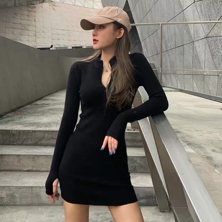 Đầm Body Phối Khoá Kéo Trước Thiết Kế Cổ Chữ V Quyến Rũ Váy Ôm Dáng Nhún Eo Nữ Dài Tay GOVA | BigBuy360 - bigbuy360.vn