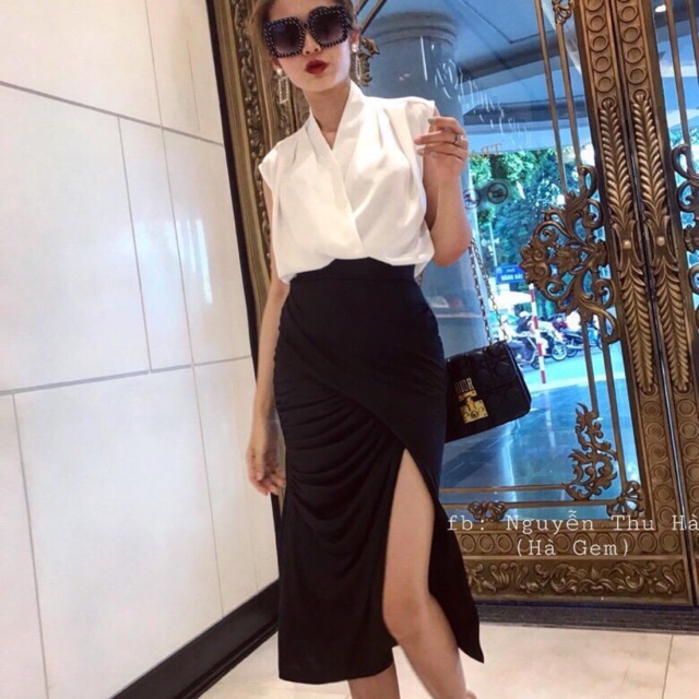 Set áo đắp chéo + chân váy nhúng