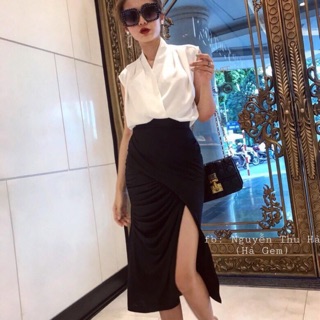 Set áo đắp chéo + chân váy nhúng